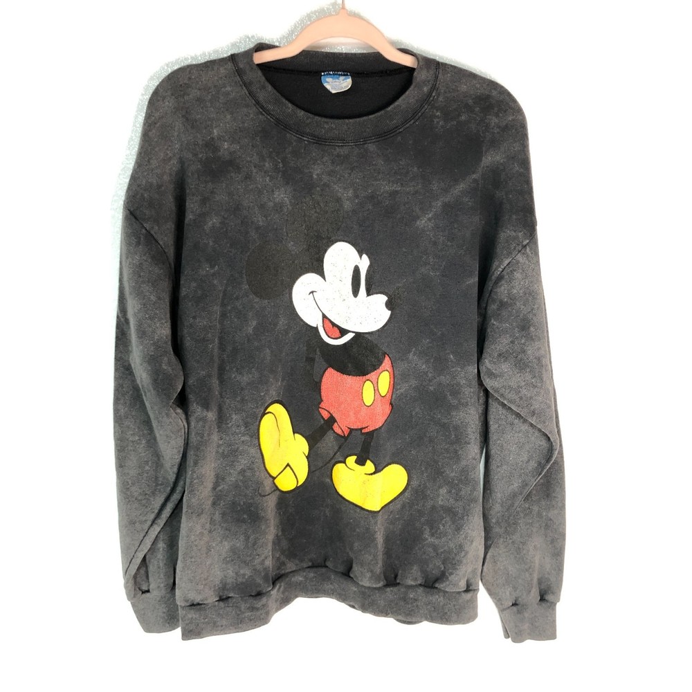 Vintage Mickey Mouse Disney Sweatshirt One Size Black Acid Wash Blue Tag